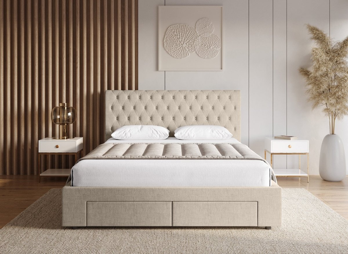 Lit double avec 4 tiroirs en lin beige 160x200 cm LEANDRE