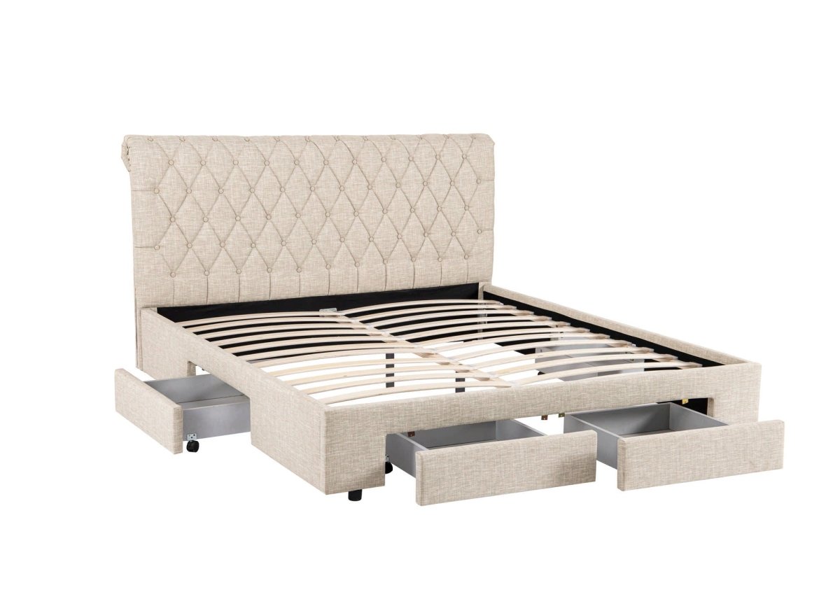Lit double avec 4 tiroirs en lin beige 180x200 cm LEANDRE