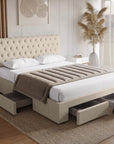 Lit double avec 4 tiroirs en lin beige 180x200 cm LEANDRE