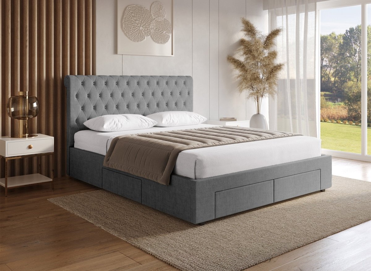 Lit double avec 4 tiroirs en lin gris 140x190 cm LEANDRE