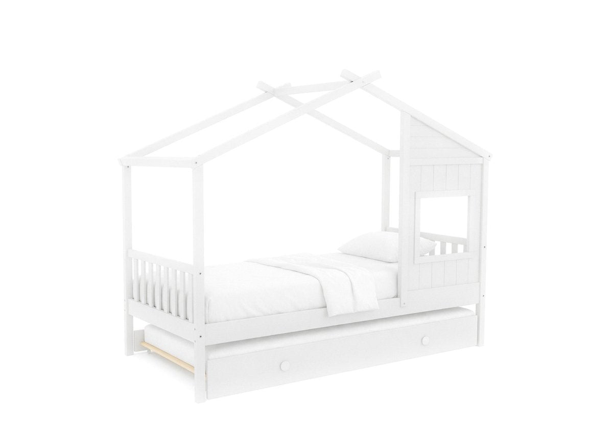 Lit gigogne cabane en bois blanc 90 x 190 cm MILIO
