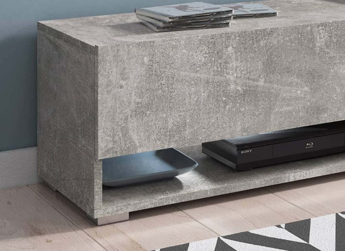 Meuble TV suspendu 2 portes 2 niches gris béton ROMANE XL - 140 cm