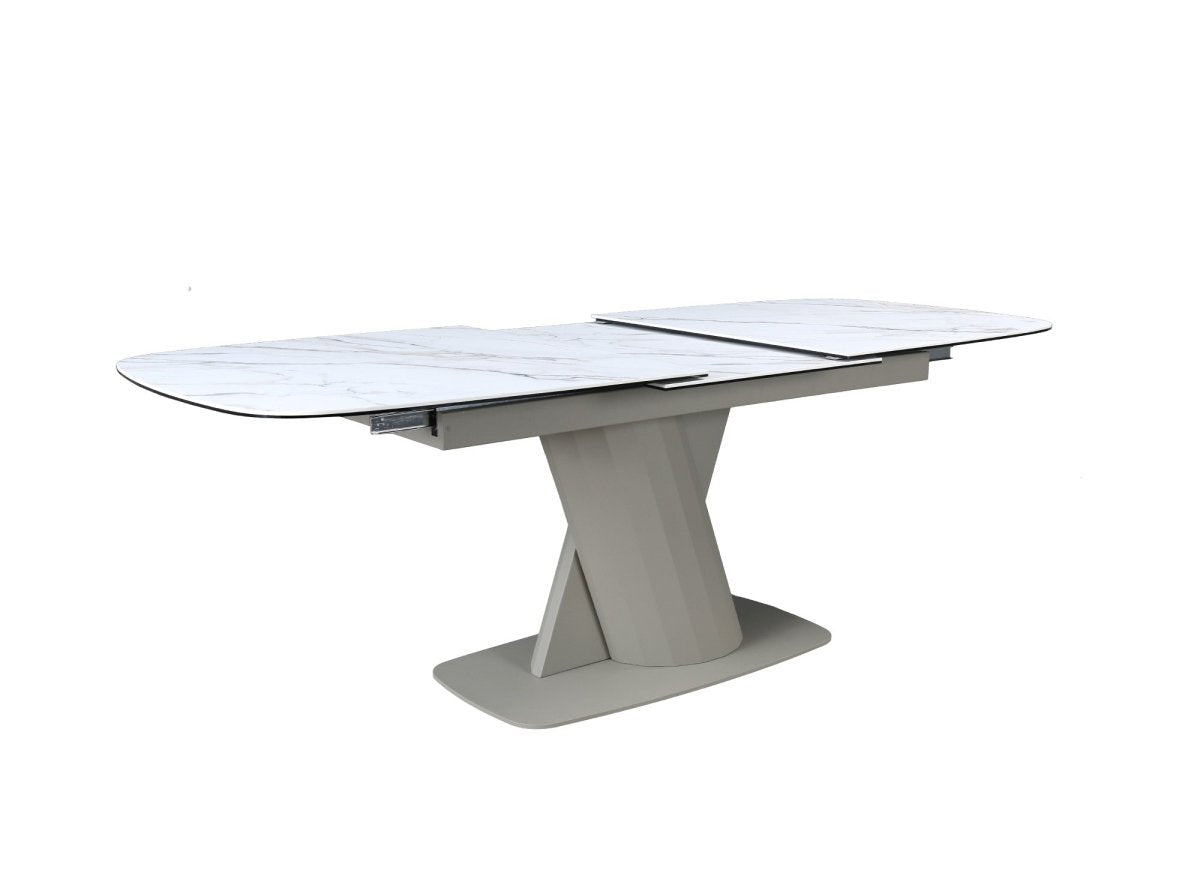 Table à manger extensible en métal beige plateau céramique blanc 180-240 cm DUBAI