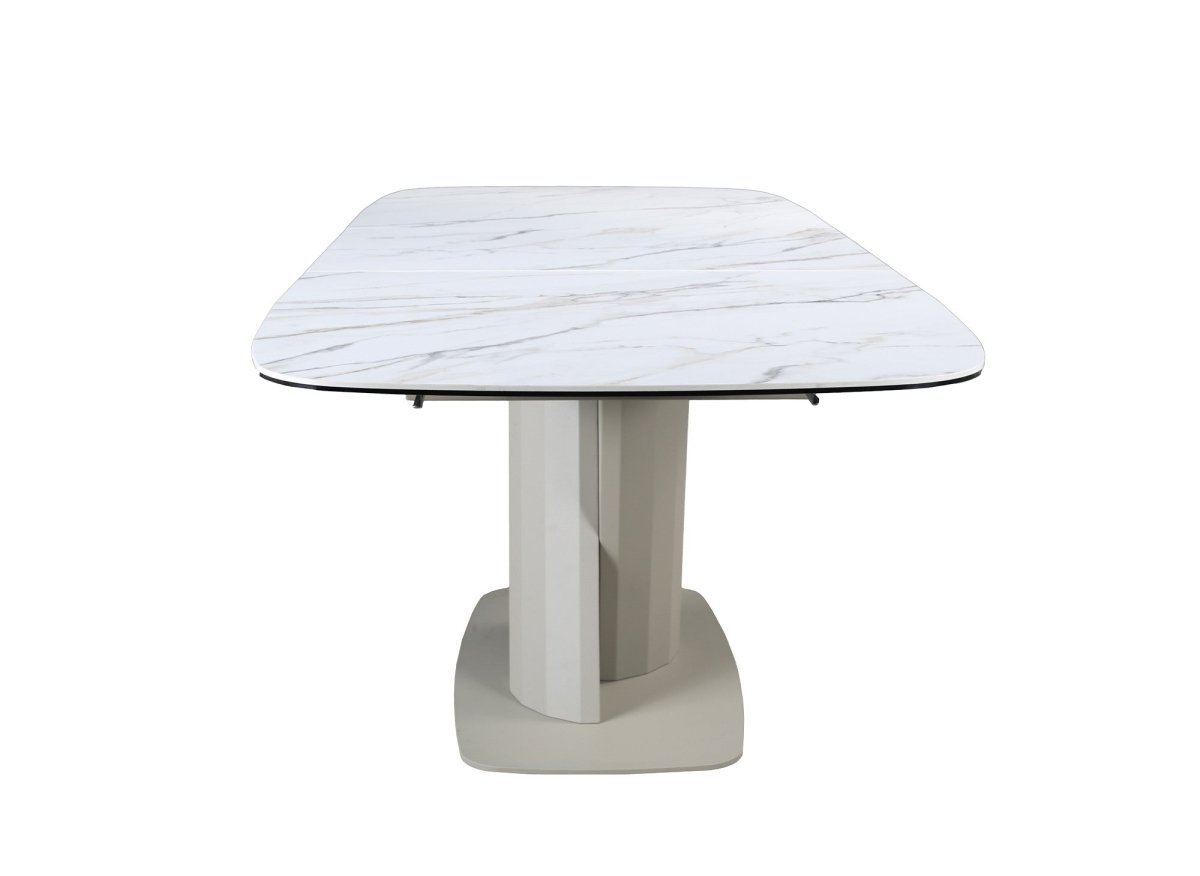 Table à manger extensible en métal beige plateau céramique blanc 180-240 cm DUBAI