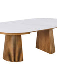 Table à manger ronde extensible en bois clair avec plateau en céramique blanc 120-200cm HEKA