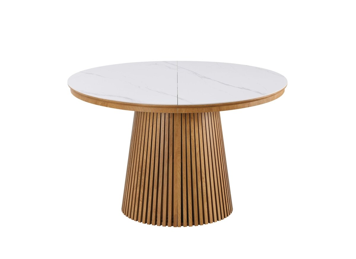 Table à manger ronde extensible en bois clair avec plateau en céramique blanc 120-200cm HEKA