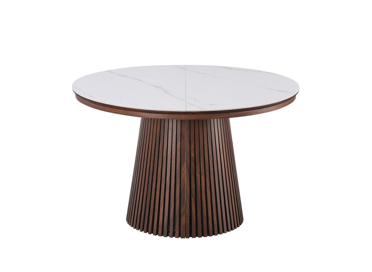 Table à manger ronde extensible en bois foncé avec plateau en céramique blanc 120-200cm HEKA