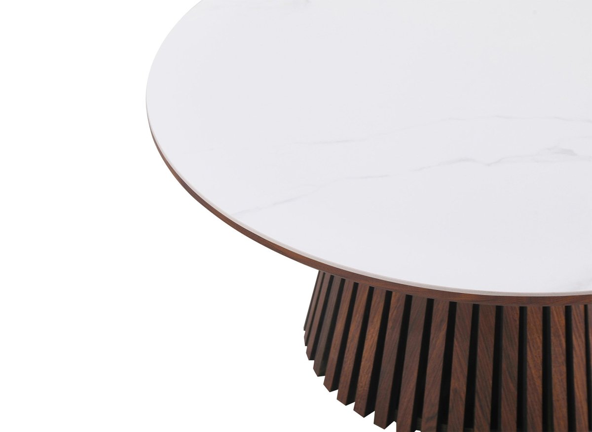 Table basse ronde en bois foncé plateau en céramique blanc HEKA